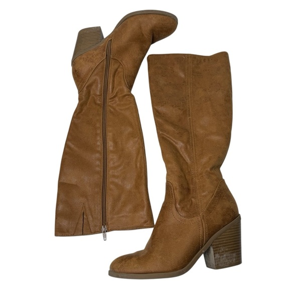 Ruff Hewn Boots 3” Block Heel Knee High Zip Close Tan Faux Leather 90s Y2K Club - Picture 2 of 10
